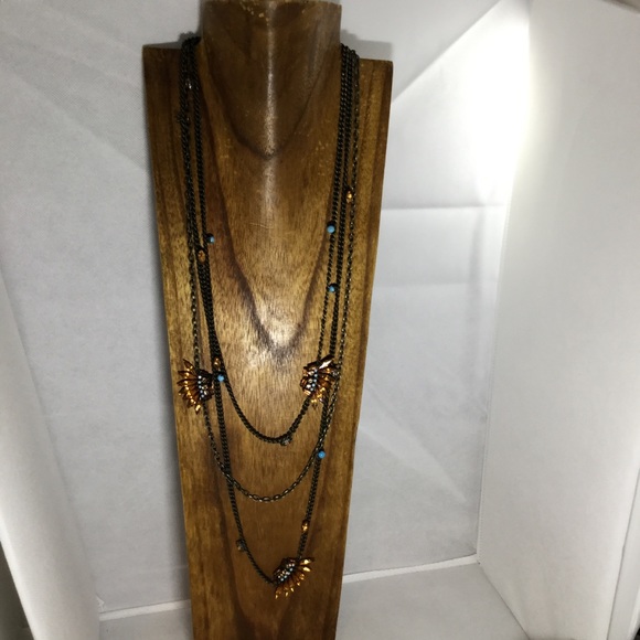 Triple wrap dark chain Amber turquoise necklace - Picture 2 of 5